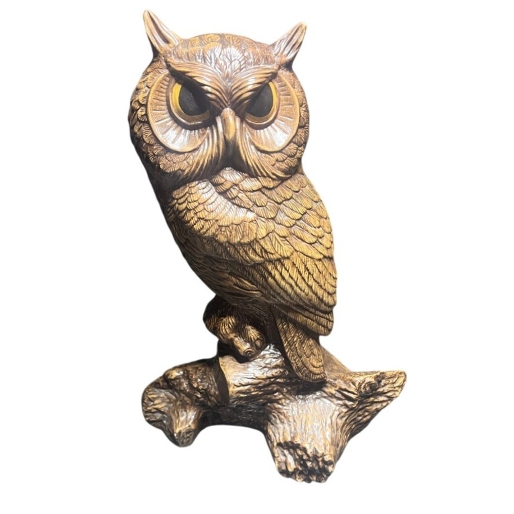 1970's Vintage Owl Statue Perched on Branch Detailed Home Decor Sculpture